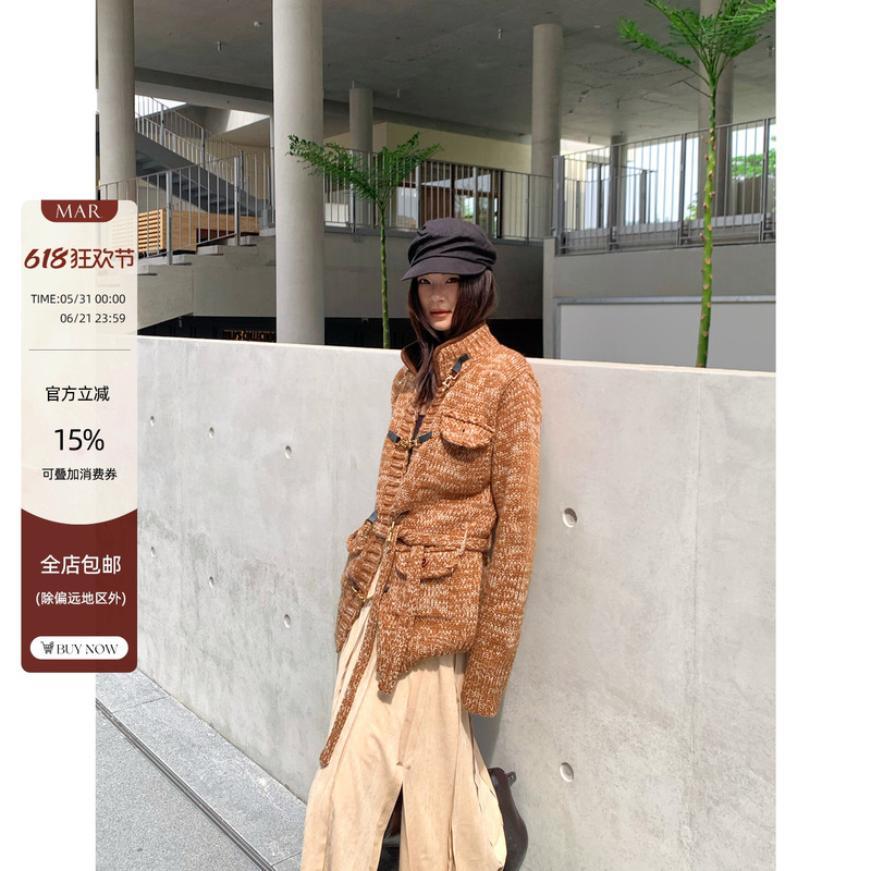 Mar Retro Design Wool Blend Floral Yarn Stand Collar Sweater for Women, New Autumn and Winter Waist-Cinching Coat Top Mar Retro Design Wool Blend Floral Yarn Stand Collar Sweater for Women, New Autumn and Winter Waist-Cinching Coat Top