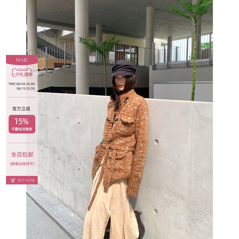 Mar Retro Design Wool Blend Floral Yarn Stand Collar Sweater for Women, New Autumn and Winter Waist-Cinching Coat Top