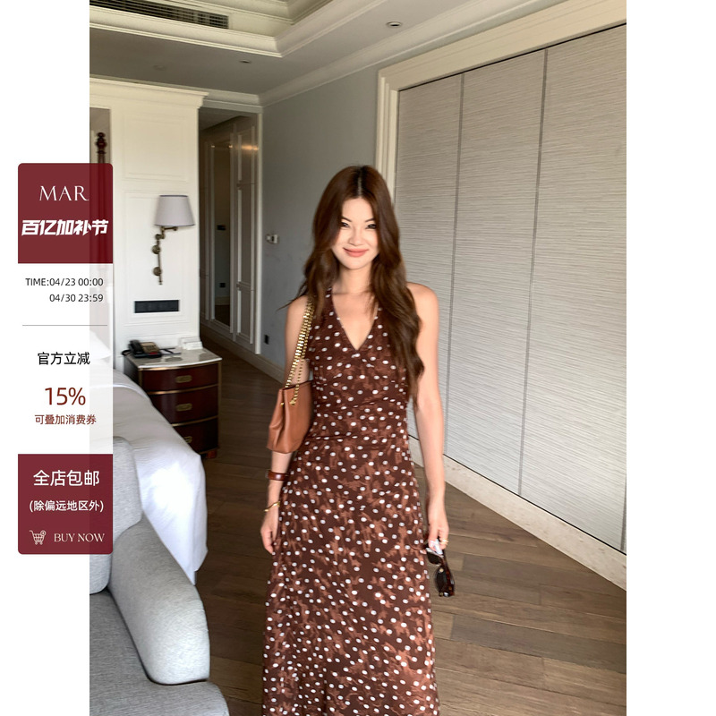 Mar Retro V Neck Jacquard Textured Polka Dot Dress for Women Summer Waist-Cinching Strapless Sleeveless Long Dress