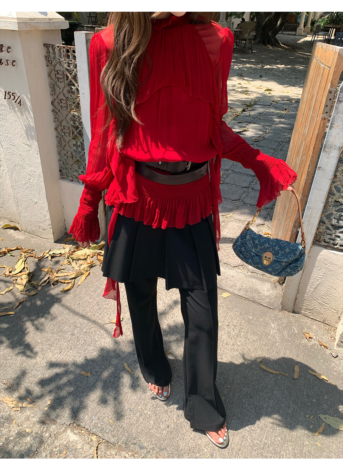 马儿MAR женские повседневные брюки с имитацией двухслойности и плиссированной задней вставкой, черные, стройнящие, универсальные, длинные с разрезами