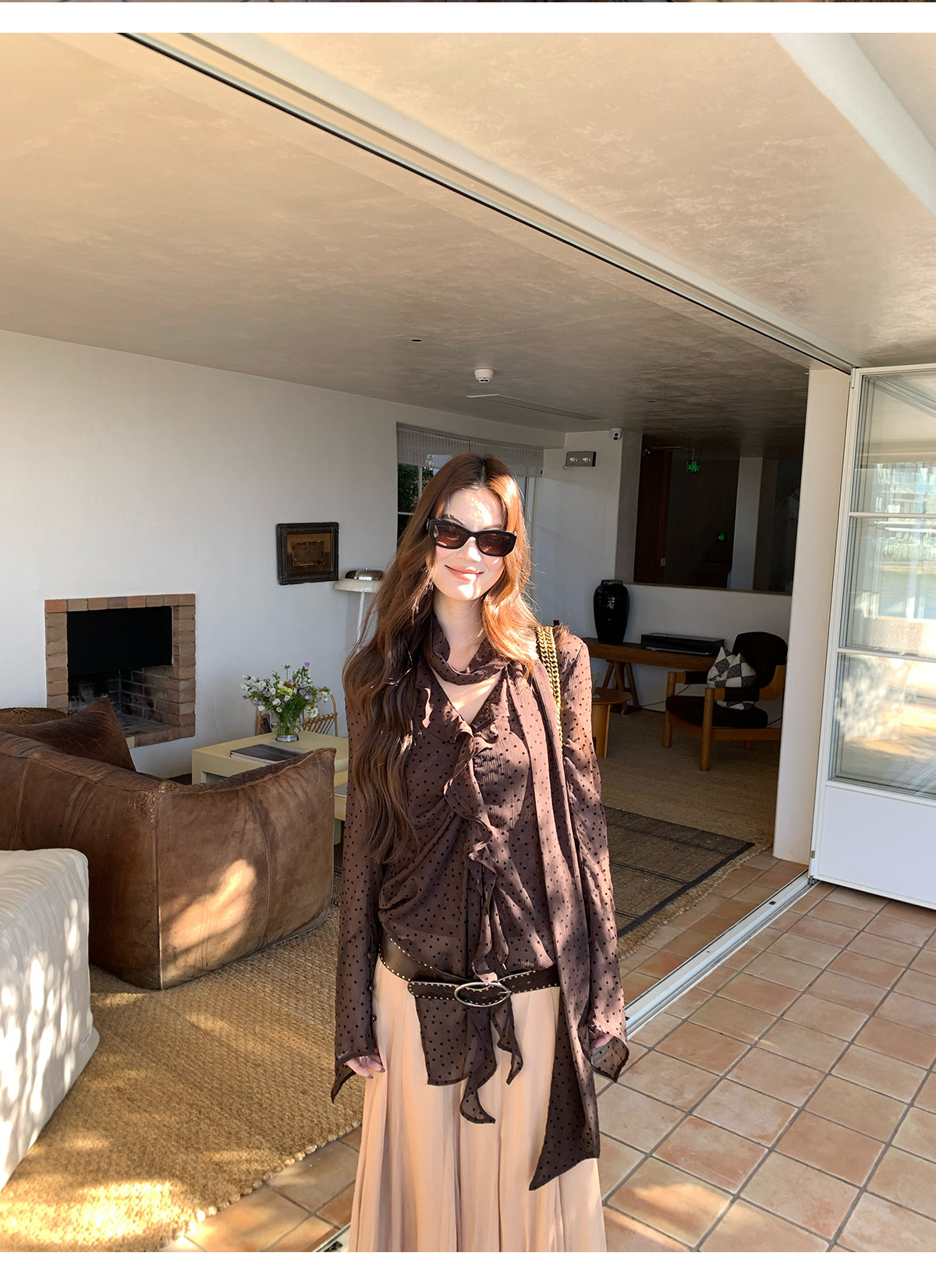 马儿MAR французская ретро блузка с лентами V-образным вырезом в горошек длинный рукав женская дизайнерская приталенная элегантная рубашка