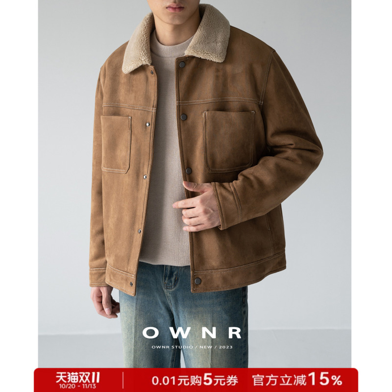 Ownr Lapel Lamb Wool Cotton Jacket Short Coat Men's Winter Fleece-Lined Thickened Cotton Jacket Short Suede Jacket
