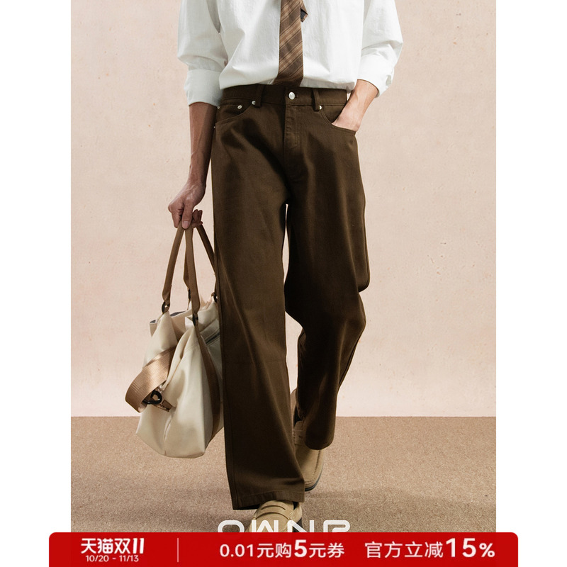 Ownr Brown Loose Straight-Leg Pure Cotton Jeans for Men, Autumn Vintage Melard Wide-Leg Old Money Casual Pants Ownr Brown Loose Straight-Leg Pure Cotton Jeans for Men, Autumn Vintage Melard Wide-Leg Old Money Casual Pants