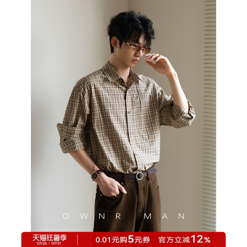 Pure Cotton Ownr Apricot-Colored Loose Plaid Long-Sleeve Shirt for Men 2026 Spring Old Money Retro Casual Shirt
