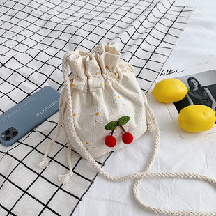 .Drawstring pocket new canvas coin purse Korean style female student crossbody bag small backpack cute cherry mobile phone