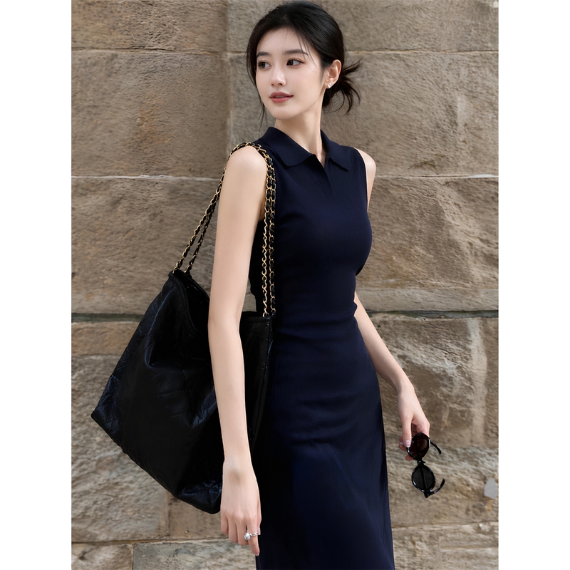 Beautiful and Unique Tank Dress, French-Style Slim Fit, Navy Blue Polo Collar, Sleeveless Knitted Bodycon Dress for Women in Summer Beautiful and Unique Tank Dress, French-Style Slim Fit, Navy Blue Polo Collar, Sleeveless Knitted Bodycon Dress for Women in Summer