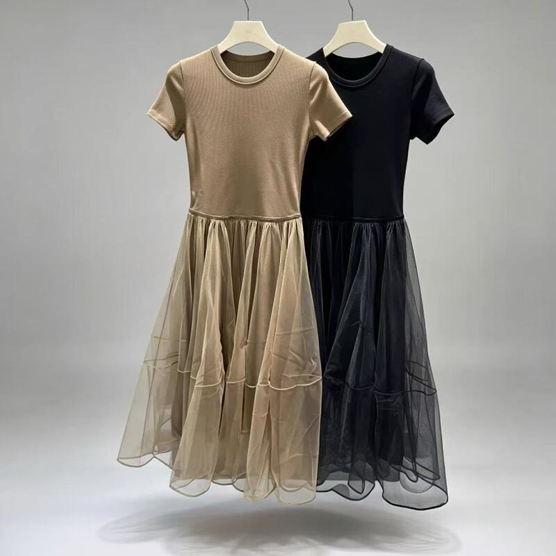 Hennan Shu Bu Yi 2026 Autumn New French Hepburn Style Short Sleeve Mesh Knit Patchwork Fake Two-Piece Dress