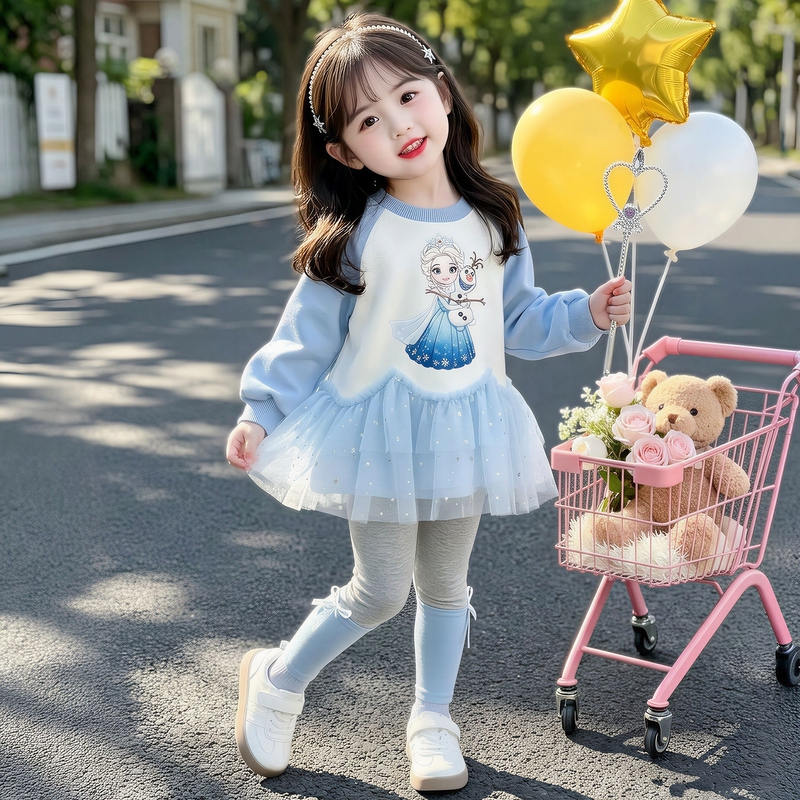 [Sweet and Cute Style] Girls' New Spring and Autumn Elsa Cartoon Mesh Sweatshirt Dress and Leggings Stylish Two-Piece Set