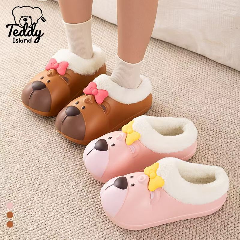 Teddy Bear Cartoon Waterproof Winter Boots for Women with Heel Cover, Non-Slip, Warm, High-Top, Small Size Cotton Shoes