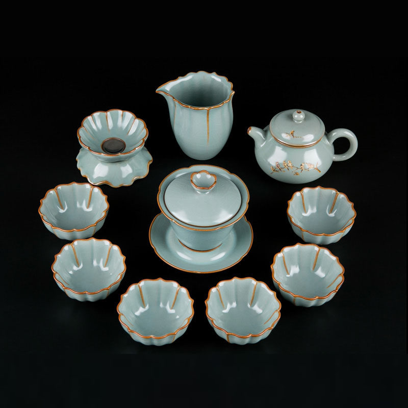Ru Kilo Ice Cracking Kyofu Tea Furniture Set Group Home Living Room Opening piece Jingdezhen Ceramic Tea Cup Teapot Lid Bowl Gift Box
