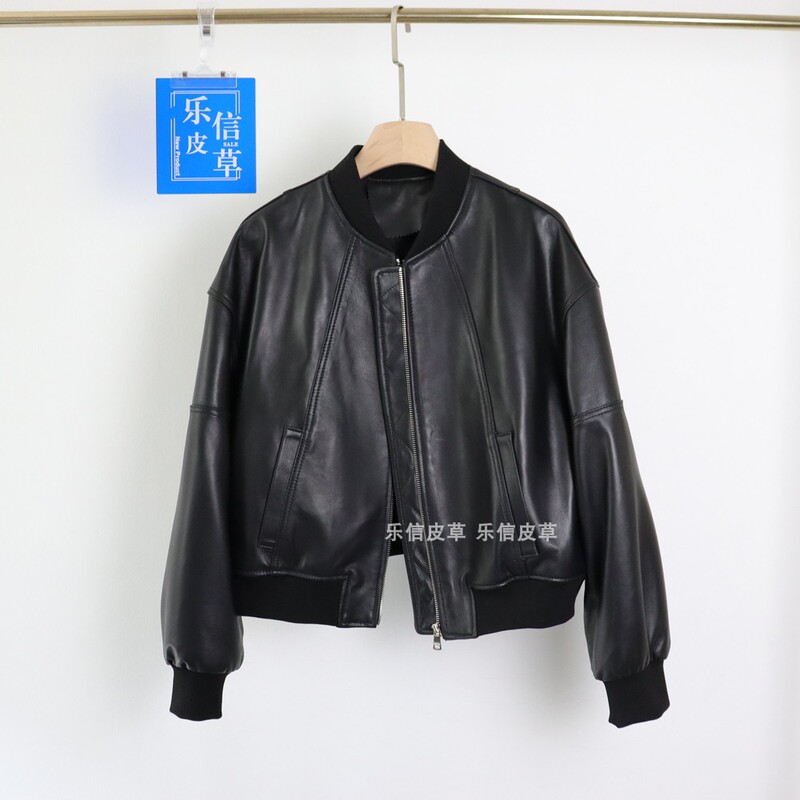 New European-Style Sheepskin Leather Jacket, Retro Women's Leather Jacket, Genuine Leather, Loose Fit, Slimming Baseball Collar Leather Jacket New European-Style Sheepskin Leather Jacket, Retro Women's Leather Jacket, Genuine Leather, Loose Fit, Slimming Baseball Collar Leather Jacket