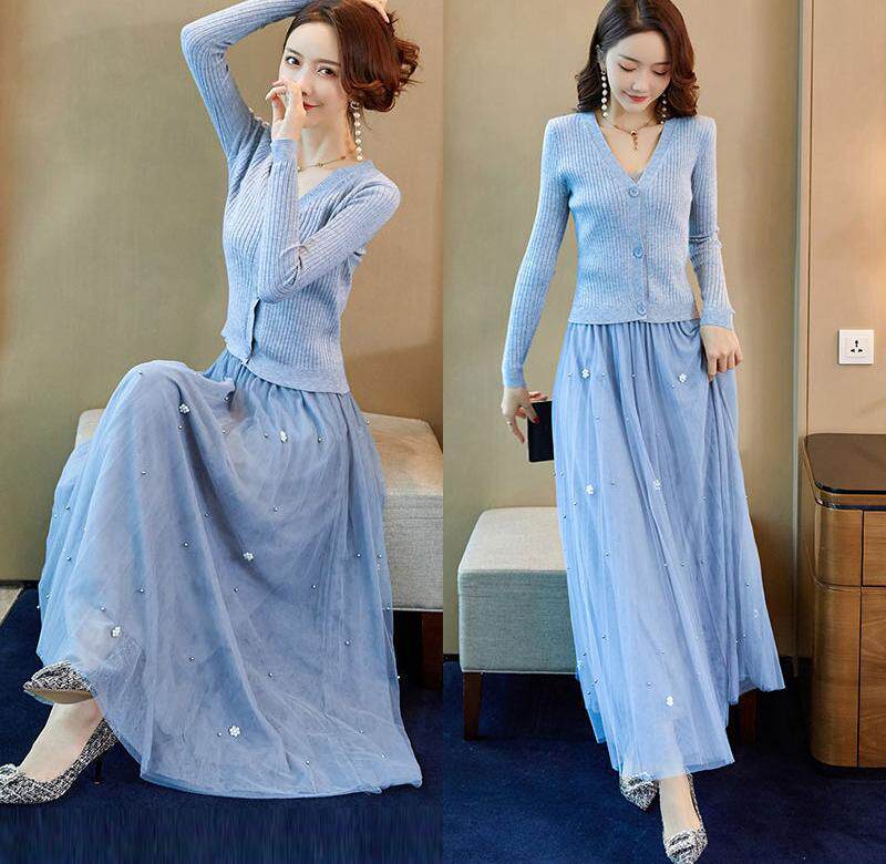 New knitted sweater dress women's medium long version of autumn and winter two sets of foreign pie mesh dress feminity Three sets 