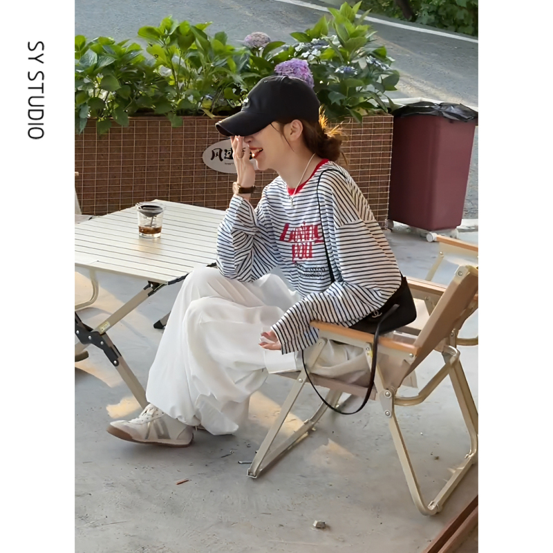 2026 Super Trendy Age-Reducing Hong Kong Style Versatile Thin Long-Sleeved Striped Sun Protection Shirt and Wide-Leg Casual Pants Two-Piece Set 2026 Super Trendy Age-Reducing Hong Kong Style Versatile Thin Long-Sleeved Striped Sun Protection Shirt and Wide-Leg Casual Pants Two-Piece Set