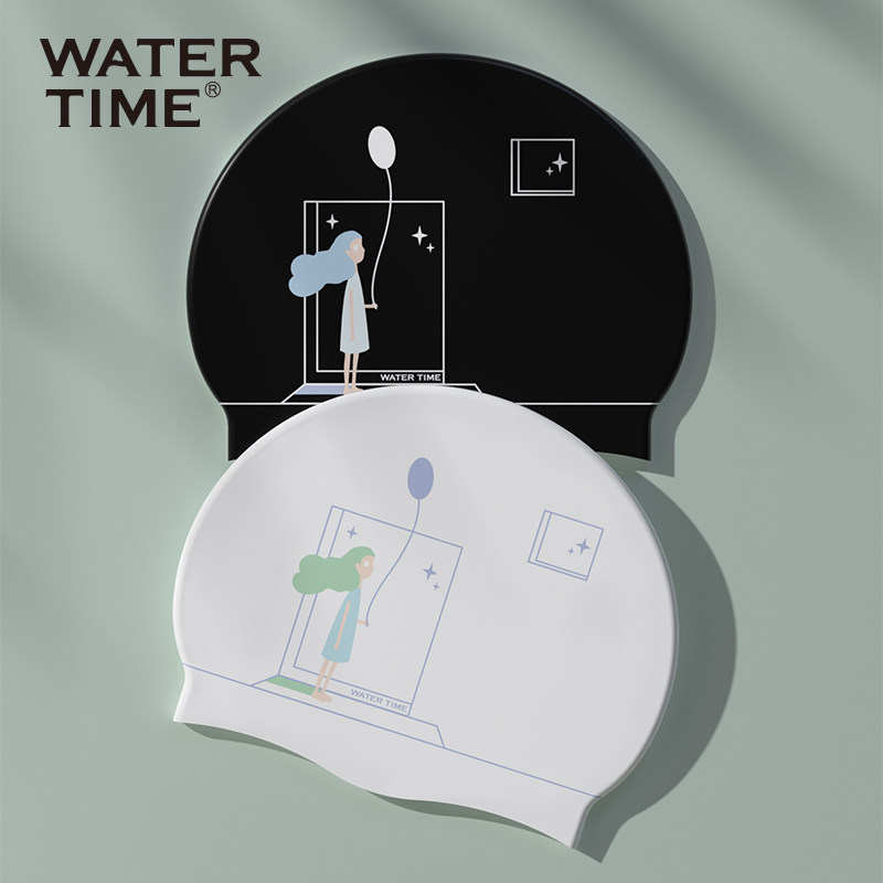 WaterTime防水护耳硅胶抗氯泳帽女专业长发大号不勒头印花游泳帽