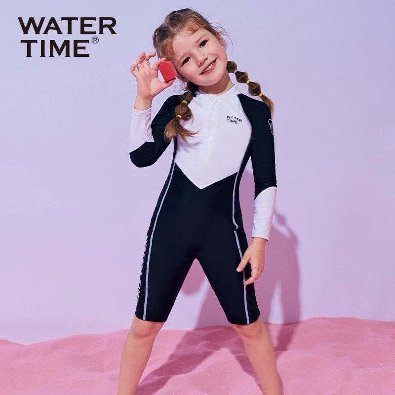 WaterTime儿童泳衣女新款连体女童长袖防晒专业训练竞速游泳衣
