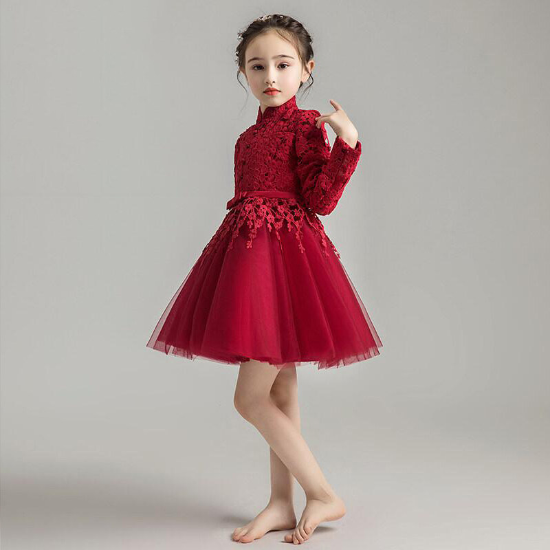 Small Flowers Child Marriage Dress Piano for Girls Princess Dress Skirt Fluffy Children Birthday Long Sleeve Girl Evening Dress