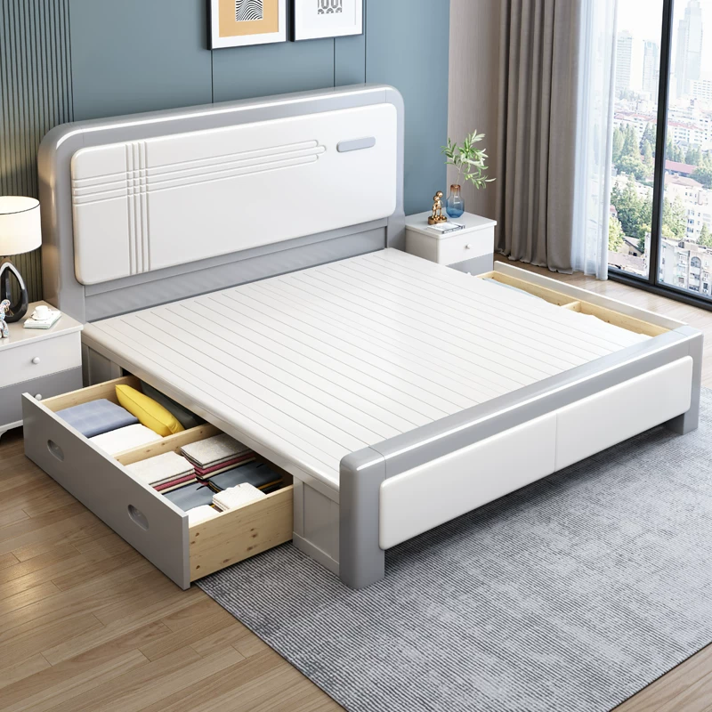 Кровать из массива дерева Nordic light luxury, 1,8 м / 1,5 м с ящиками, современный простой дизайн