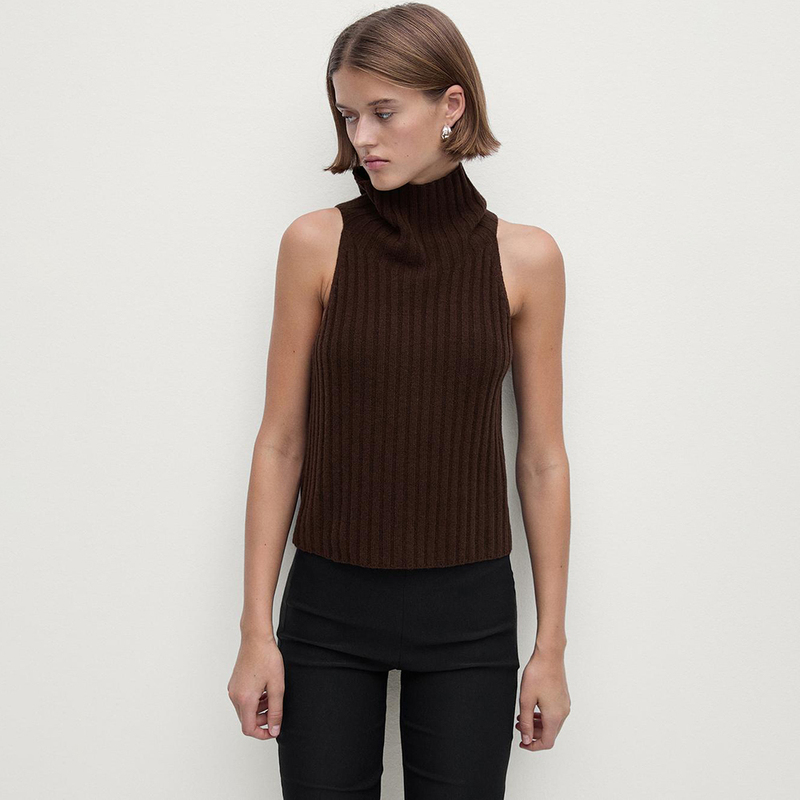 Md Women's Autumn and Winter Yadan Style Brown Soft Wool Turtleneck Ribbed Sleeveless Sweater Vest 05762648737