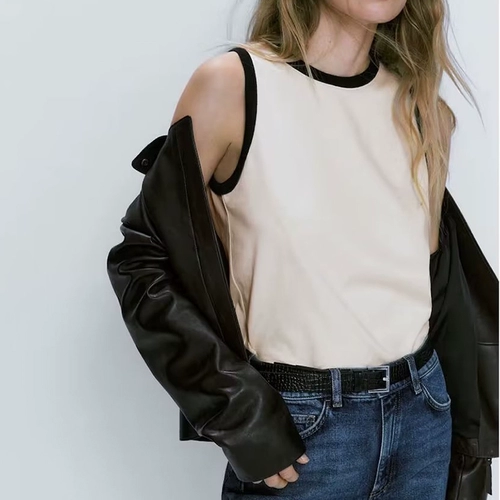 Летний хлопковый жилет без рукавов, футболка, коллекция 2023, в стиле Шанель, облегающий крой