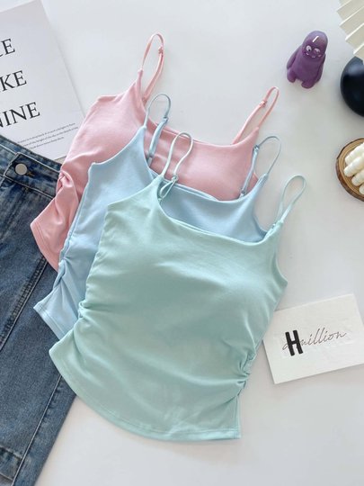 Fresh and Pure Style Design Pleated Camisole for Women, Suitable for Outerwear or Layering, with Chest Pads, Slim Fit, Beautiful Back Top for Summer