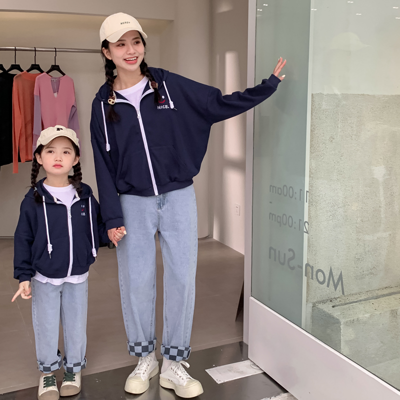 Parent-child coat spring and autumn casual hooded loose sweater zipper shirt mother and child mother and daughter boys and girls coat