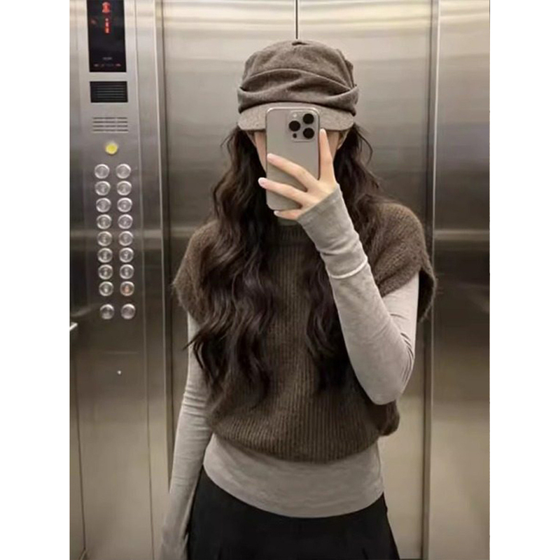 Autumn and Winter Sleeveless Sweater Vest Top in Old Money Style, Coffee Color, Round Neck, Mohair Knit Vest for Women