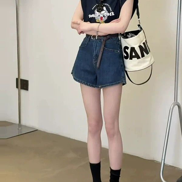 European Genuine Deep Blue Denim Shorts for Women, 2026 Summer Thin Style, American Retro Loose Wide-Leg Pants, Trendy European Genuine Deep Blue Denim Shorts for Women, 2026 Summer Thin Style, American Retro Loose Wide-Leg Pants, Trendy
