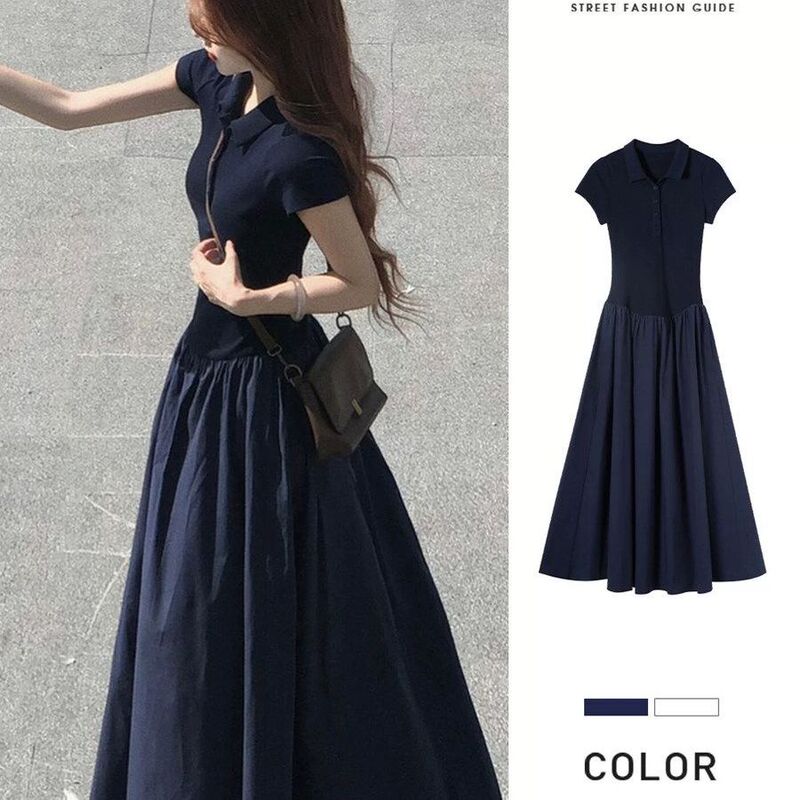 Polo Collar Short-Sleeved Dress for Women 2026 New Summer Style for Small People, Super Nice and Slimming, Elegant Holiday Long Dress