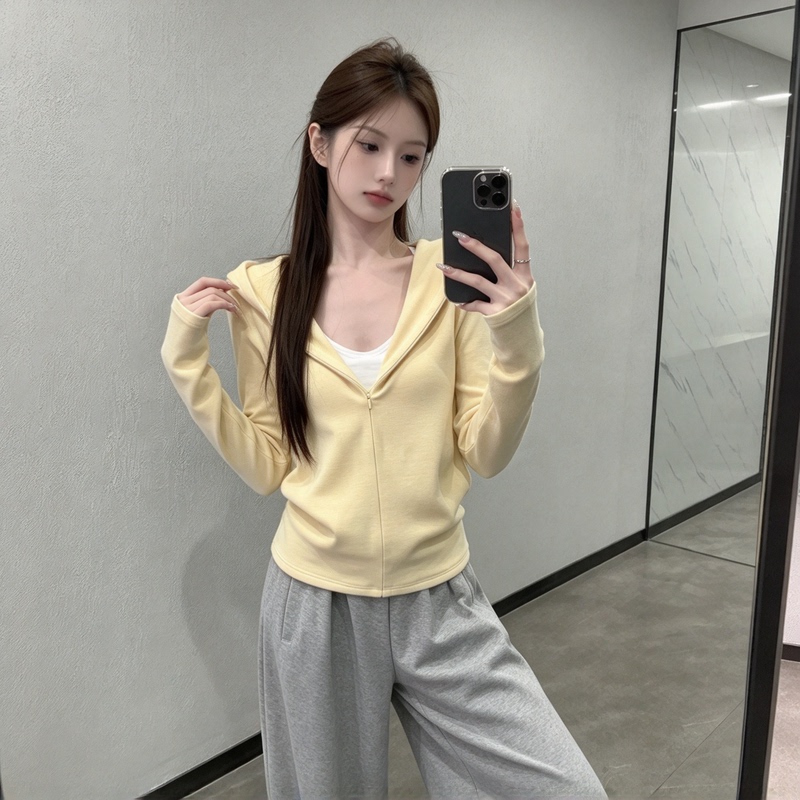 Yellow Hooded Zip-Up Cardigan for Women, 2026 New Autumn and Winter Long-Sleeve Slim-Fit Versatile Hooded Jacket Yellow Hooded Zip-Up Cardigan for Women, 2026 New Autumn and Winter Long-Sleeve Slim-Fit Versatile Hooded Jacket