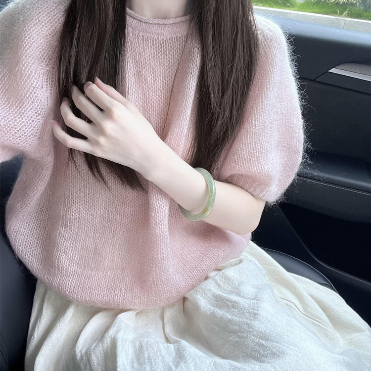 Korean-Style Short-Sleeve Knitted Mohair Sweater for Women, Autumn Pink, Soft and Fluffy Puff Sleeves, Inner Wear Top Korean-Style Short-Sleeve Knitted Mohair Sweater for Women, Autumn Pink, Soft and Fluffy Puff Sleeves, Inner Wear Top