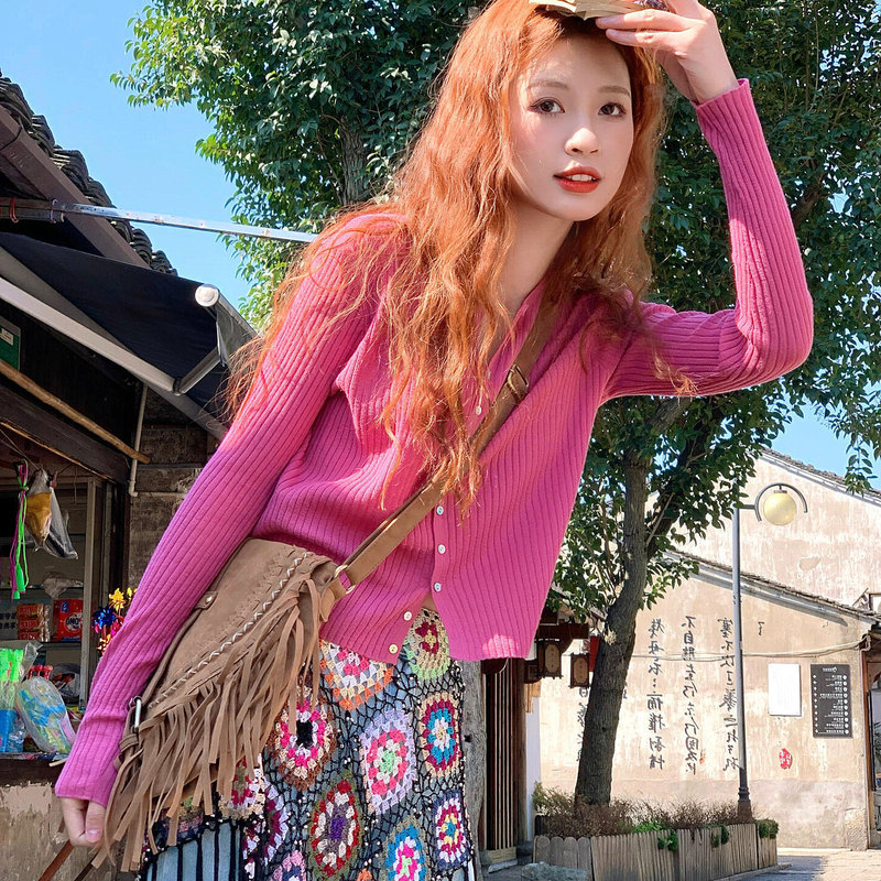 Rose Pink Knitted Cardigan Jacket for Women, Spring and Autumn Style, High-End Early Autumn Korean Style Chic and Unique Top Rose Pink Knitted Cardigan Jacket for Women, Spring and Autumn Style, High-End Early Autumn Korean Style Chic and Unique Top