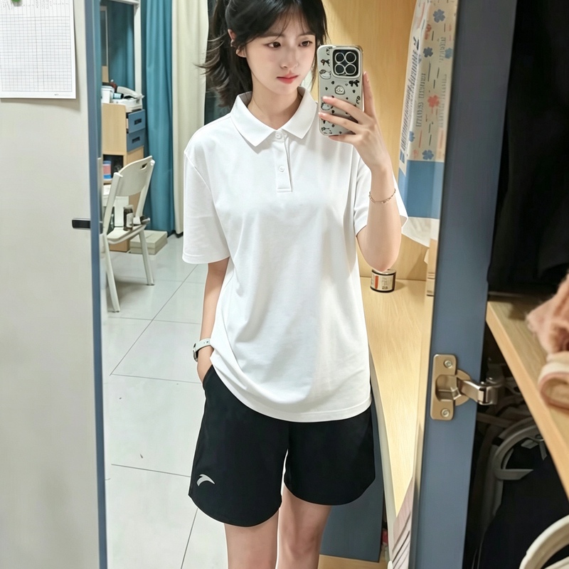 2026 New Summer Style Student Wear White Polo Shirt Pure Cotton Women's Loose Versatile Casual Top Short-Sleeved