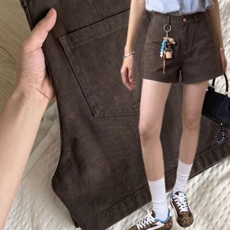 American Retro Coffee-Colored High-Waisted Wide-Leg Workwear Denim Shorts for Women, New Summer Style, Slimming, Sweet and Cool Hot Pants for Girls American Retro Coffee-Colored High-Waisted Wide-Leg Workwear Denim Shorts for Women, New Summer Style, Slimming, Sweet and Cool Hot Pants for Girls