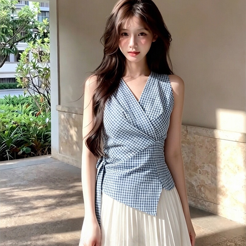 [Sea Breeze Blue and White] Blue Plaid Vest for Women, New Summer Style, Beautiful Design, Sleeveless Waist-Cinching Top