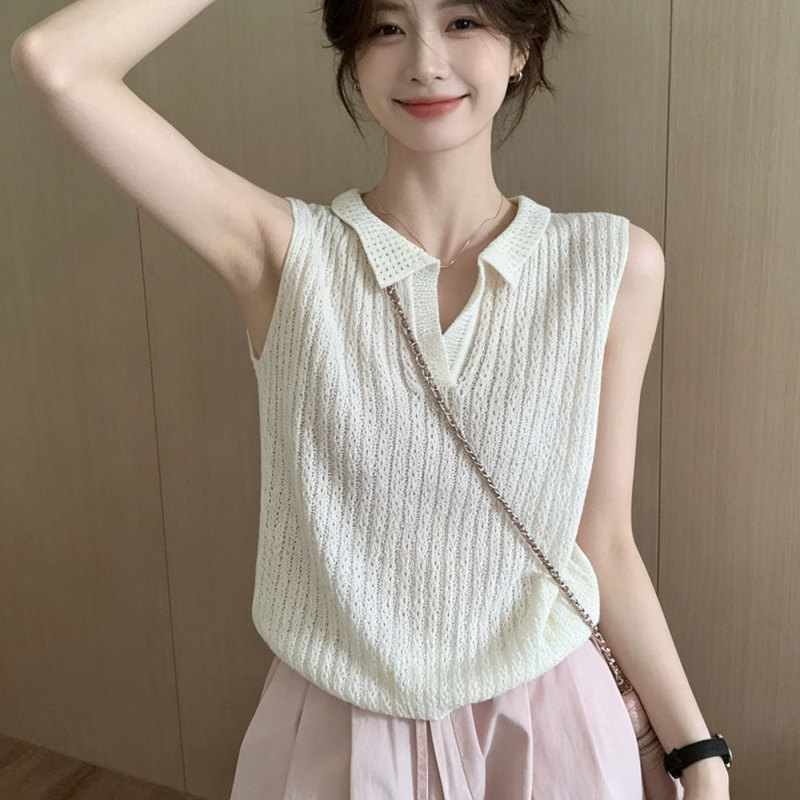 Korean-Style Design Thick-Knit Hollow-Out Knitted Vest for Women, New Summer Polo Collar Sleeveless Fashion Top