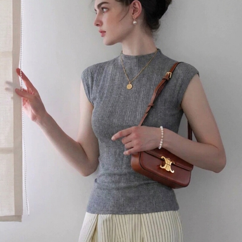 Gray Half-High Collar Sleeveless Knitted Vest for Women, Summer Slim Fit, Flattering and Versatile, with Small Flutter Sleeves