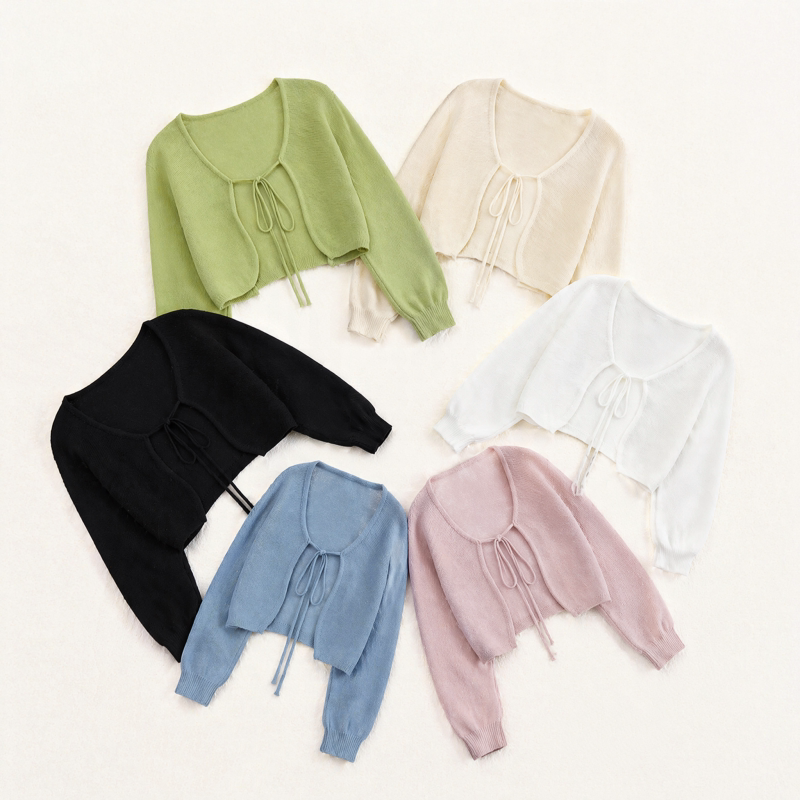 Gentle Dopamine-Colored Knitted Sun-Protective Cardigan for Women, Thin Style with Tie, Long-Sleeved Outerwear Sun Protection Clothing