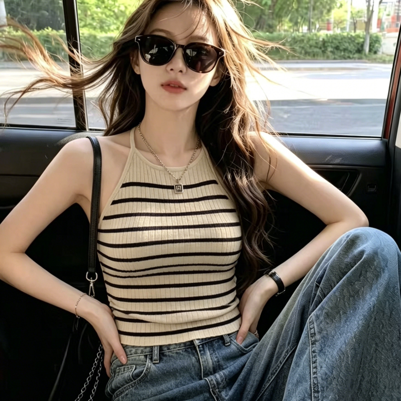 French-Style Striped Halter Neck Knitted Camisole 2026 Women's Summer Slim-Fit Backless Outerwear Hot Girl Top