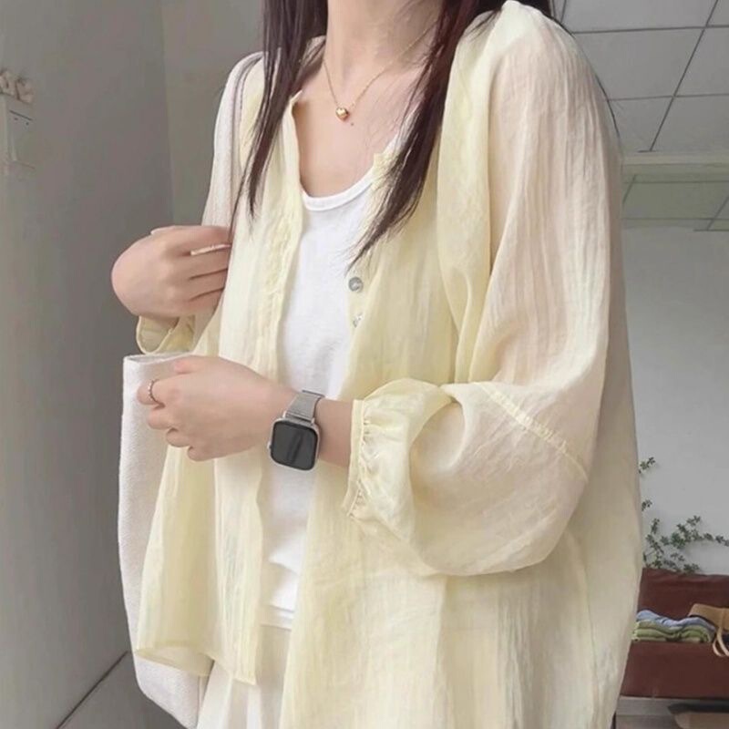 Yellow Sun-Protective Shirt Jacket for Women, Thin Summer Loose-Fitting Lazy Cardigan, Loose Long-Sleeved Shirt, Short Top Yellow Sun-Protective Shirt Jacket for Women, Thin Summer Loose-Fitting Lazy Cardigan, Loose Long-Sleeved Shirt, Short Top