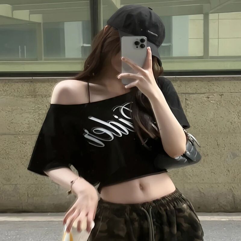 American-Style Spicy Girl Retro Letter Print One-Shoulder Short-Sleeve T-Shirt Versatile Casual Crop Top American-Style Spicy Girl Retro Letter Print One-Shoulder Short-Sleeve T-Shirt Versatile Casual Crop Top