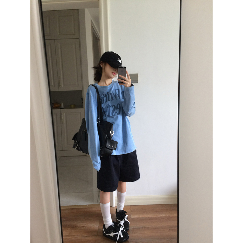 Korean-Style Washed Vintage Raglan Letter-Print Long-Sleeve T-Shirt for Women, Loose Round-Neck Casual Top for Spring and Autumn Korean-Style Washed Vintage Raglan Letter-Print Long-Sleeve T-Shirt for Women, Loose Round-Neck Casual Top for Spring and Autumn