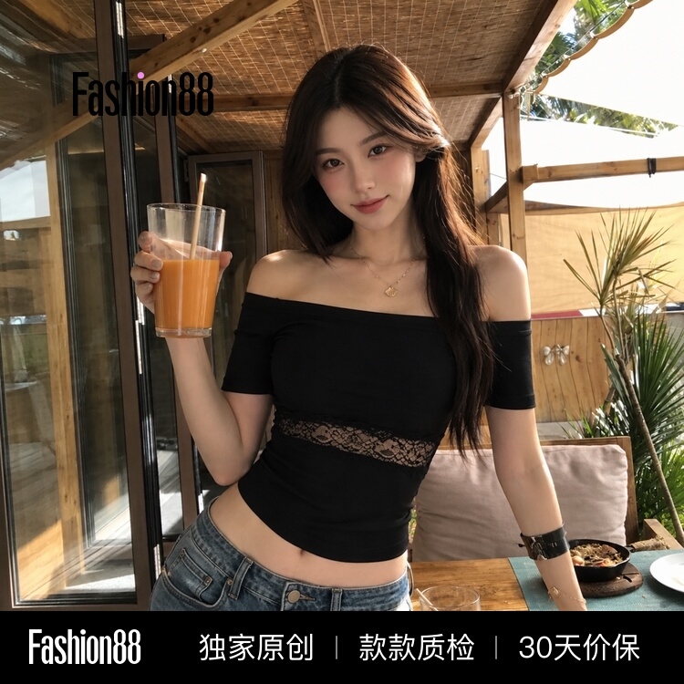 Black One-Shoulder, Fully Off-The-Shoulder, Lace Hollow-Out, See-Through, Slim-Fit, Short-Sleeve T-Shirt, New Summer Top