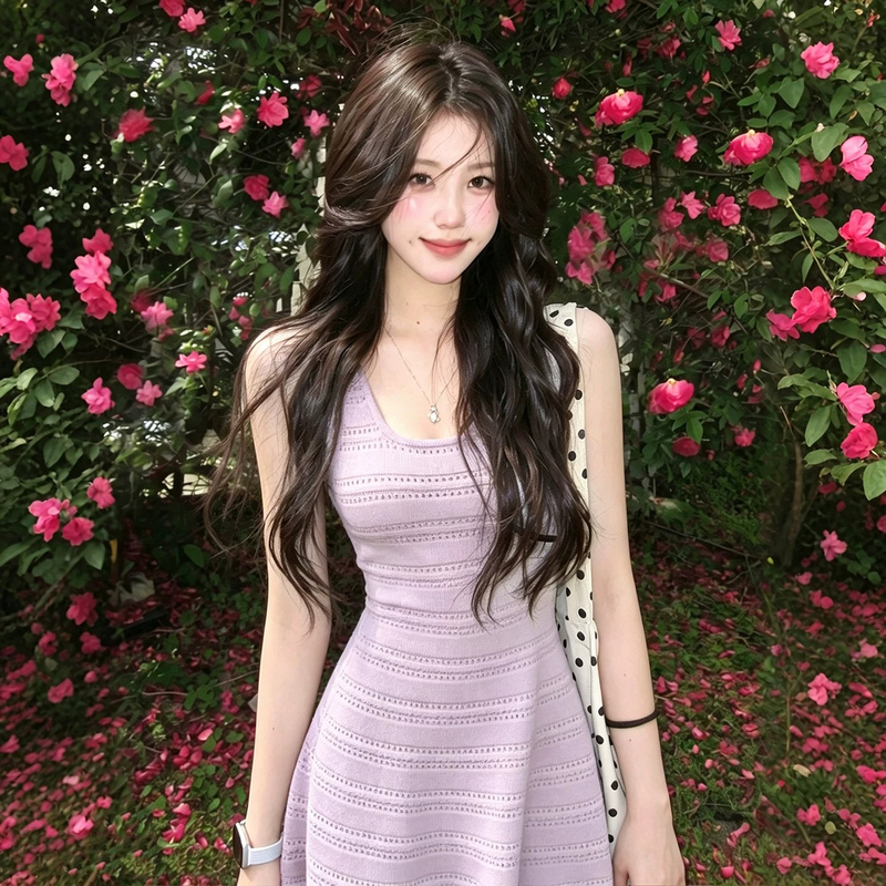 French-Style Gentle Purple Knitted Spaghetti Strap Dress for Women, Perfect for Summer Photoshoots, with a Waist-Cinching A-Line Short Skirt
