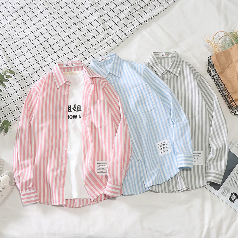 2021 summer new long-sleeved shirt men's youth wild Hong Kong style loose clothes small fresh striped shirt tide