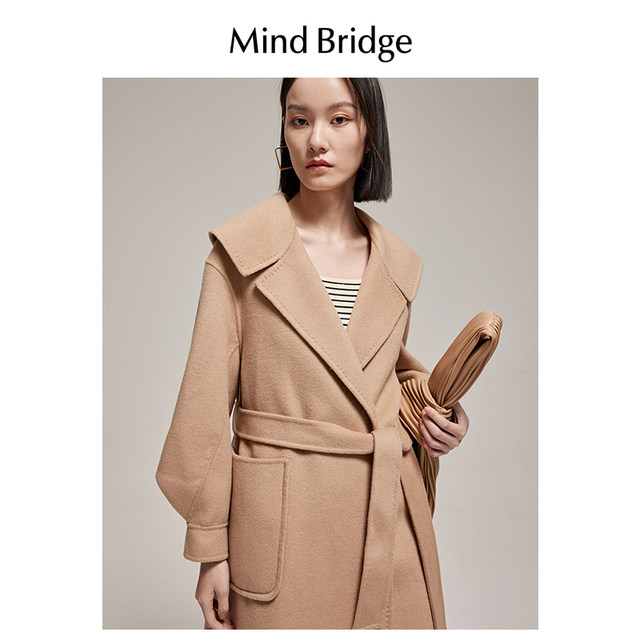 MindBridge Women's Long Woolen Coat Winter New Korean Style Waist Belted Woolen Coat