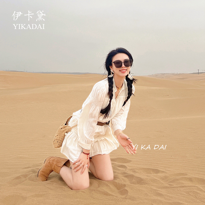 White Long-Sleeved Shirt Dress for Women, Sweet and Cool, High-End, Suitable for Travel and Vacation in Sichuan, Tibet, Yunnan, Xinjiang Grasslands and Deserts