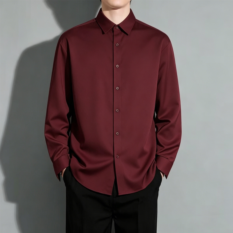 Silky Drape, Old Money Style, High-End Feel, No-Iron Wedding Wine Red Long-Sleeve Collared Shirt and Black Dress Pants Two-Piece Set Silky Drape, Old Money Style, High-End Feel, No-Iron Wedding Wine Red Long-Sleeve Collared Shirt and Black Dress Pants Two-Piece Set