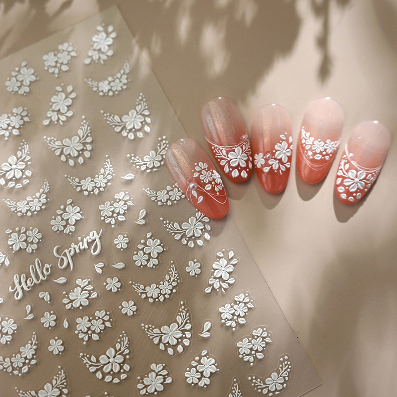 Gentle and Pure Style White Lace Floral Nail Stickers, Floral Spring Forest Style French Floral Nail Decoration