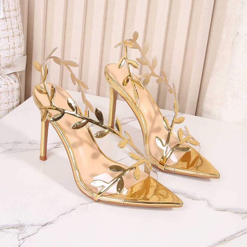 Leaf-Patterned Gold High Heels for Women, Stiletto Heels, Sexy Summer Shoes to Match Dresses, Transparent Strap, Pointed Toe, Open-Toe Roman Sandals Leaf-Patterned Gold High Heels for Women, Stiletto Heels, Sexy Summer Shoes to Match Dresses, Transparent Strap, Pointed Toe, Open-Toe Roman Sandals
