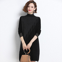 Lady size womens black knitted dress 2021 Winter Dress new bottoming sweater skirt long thick